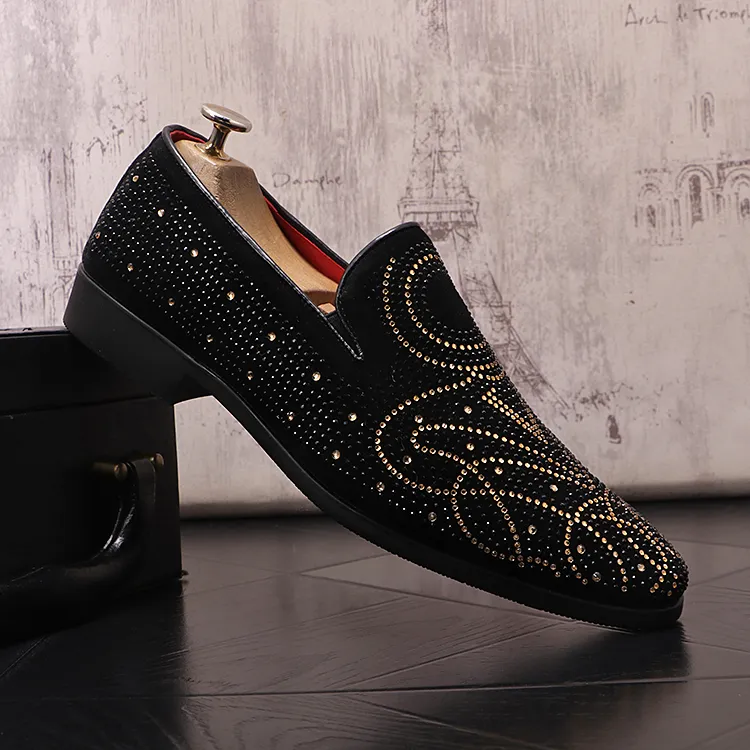 Wholesale Gold Spiked Rhinestone Loafers For Men Formal Casual Wedding Party Dress Formal Shoes For Men With Flats And Rivets At Only 38.14 DHgate.Com