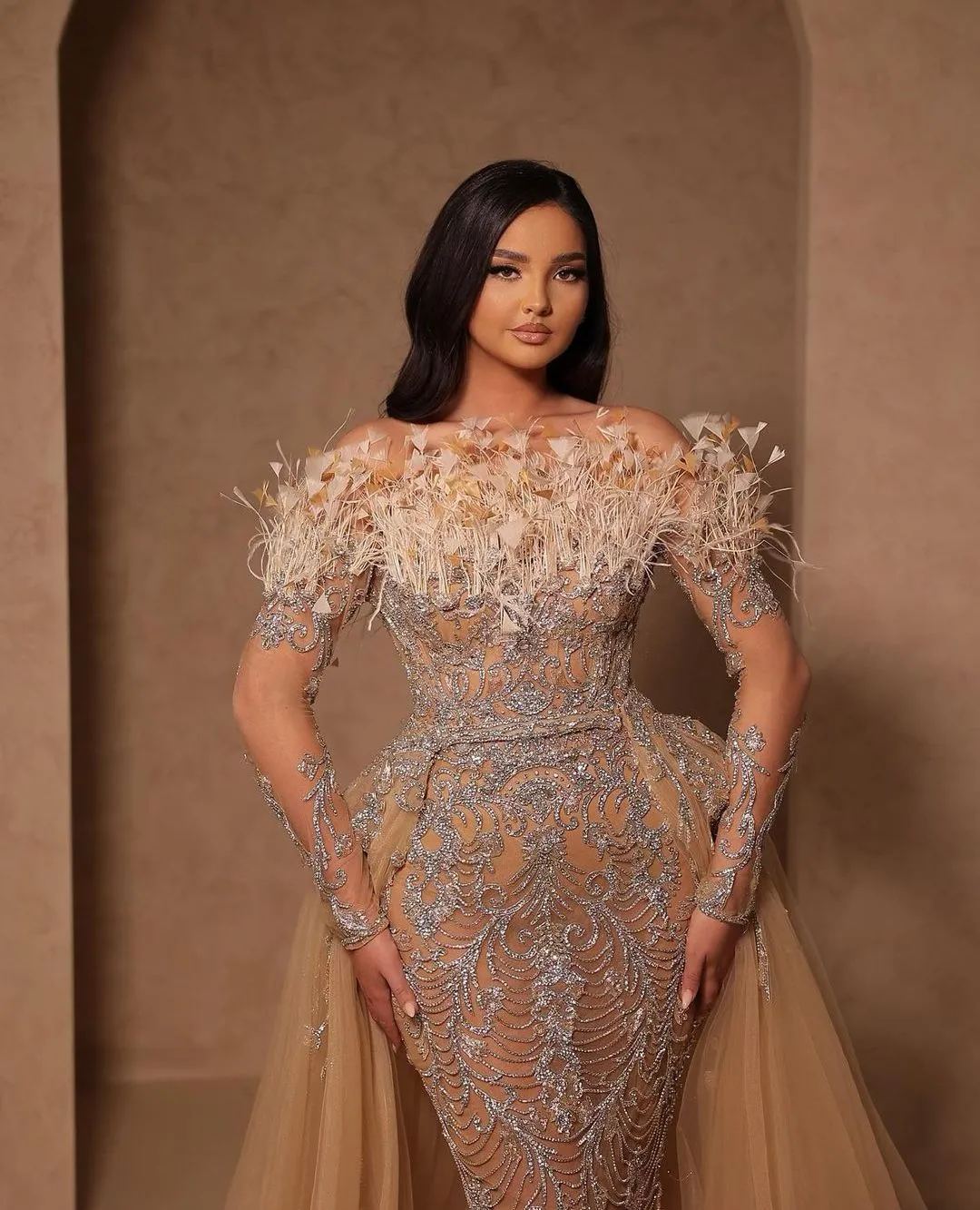 Sparkly Mermaid Evening Dress with Detachable Train, Long Sleeves, Bateau  Neckline, Beaded Appliques, Plus Size Custom Made