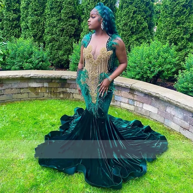 Green Velvet Mermaid Prom Dress with Feather Embellishments and Jewel  Neckline, Sweep Train, Zipper Back from Dhgate Prom Dresses - price 420.51