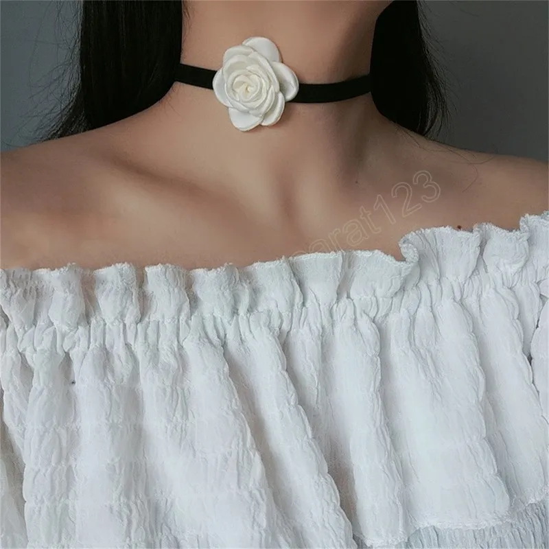 Big Black Red White Flower Short Choker Necklace For Women Trendy