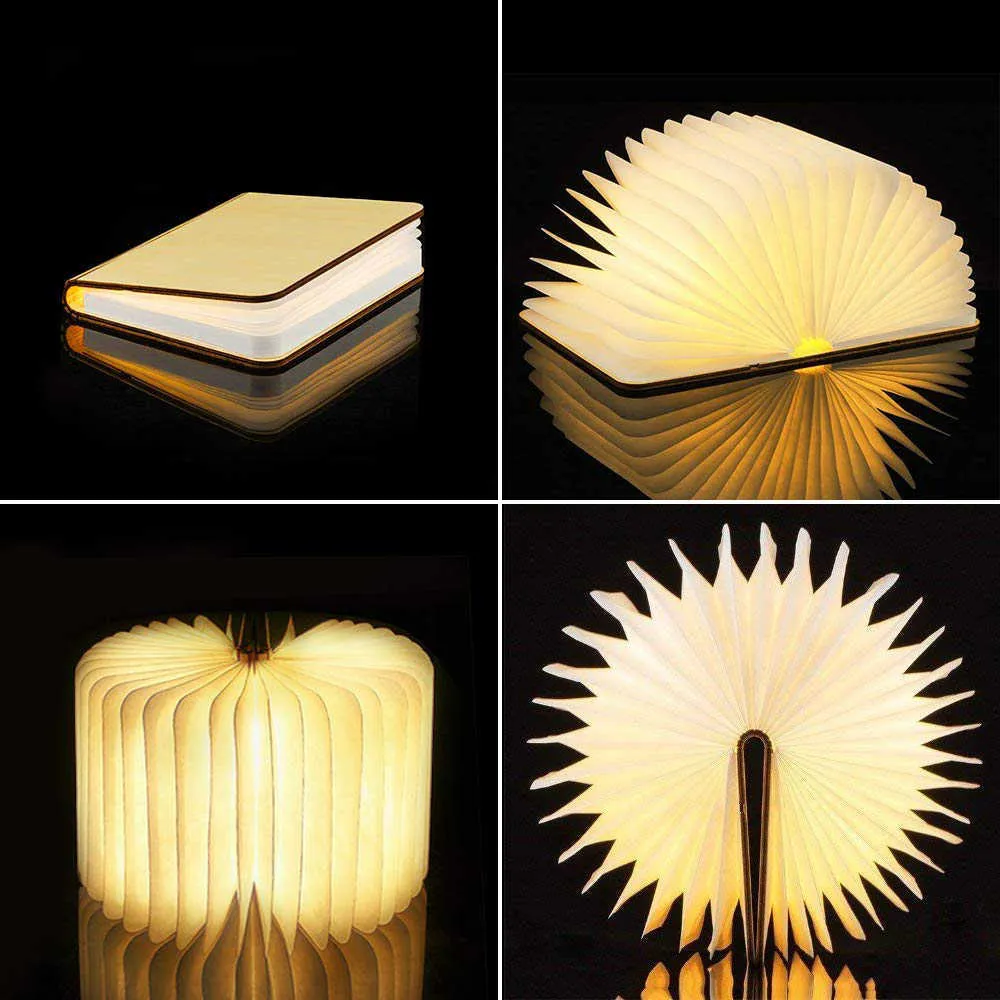 Night Lights Portable 3D Creative LED Book Night Light Wooden USB Rechargeable Magnetic Foldable Desk Table Lamp Home Decoration P230325