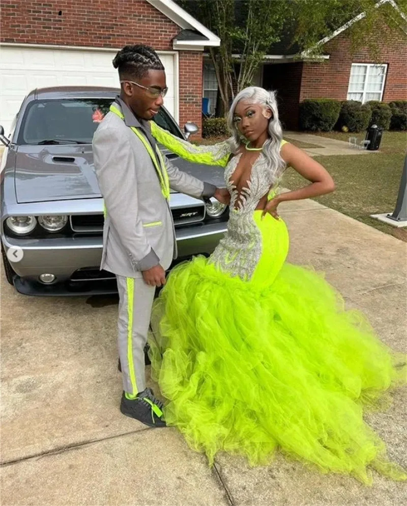 2023 Lemon Green Lace Mermaid Tutu Prom Dress With One Shoulder And Sweep  Train Plus Size Formal Gown For Black Girls From Sweety_wedding, $152.9