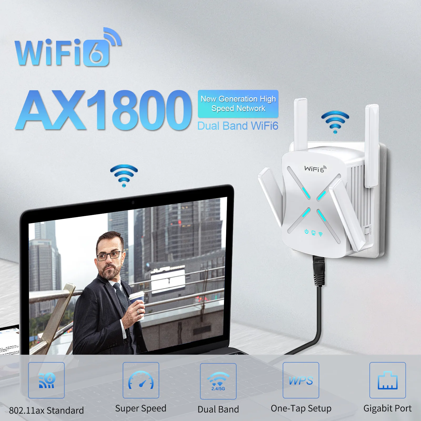 Joowin-repetidor AX1800 WiFi 6, extensor inalámbrico 802.11ax, 1800Mbp,  2,4G y 5GHz, amplificador de