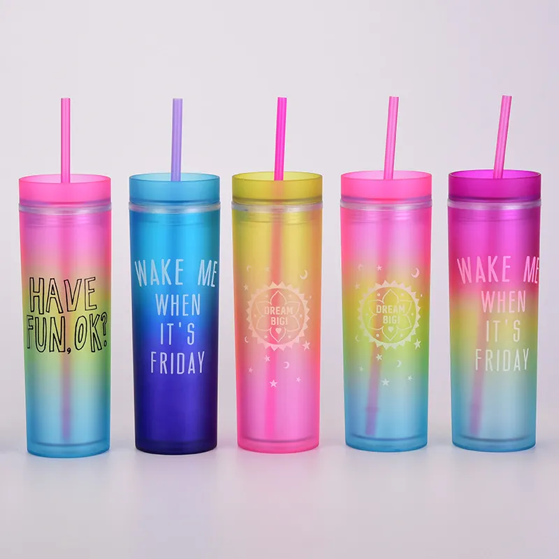 Wholesale 16oz Acrylic Skinny Tumblers with Lids and Straws Gradient  Rainbow Color Two-Layer Plastic from Dhgate Tumblers - price 3.32