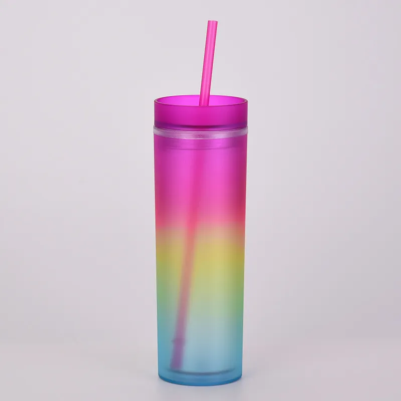 Wholesale 16oz Acrylic Skinny Tumblers with Lids and Straws Gradient Rainbow  Color Two-Layer Plastic from Dhgate Tumblers - price 3.32