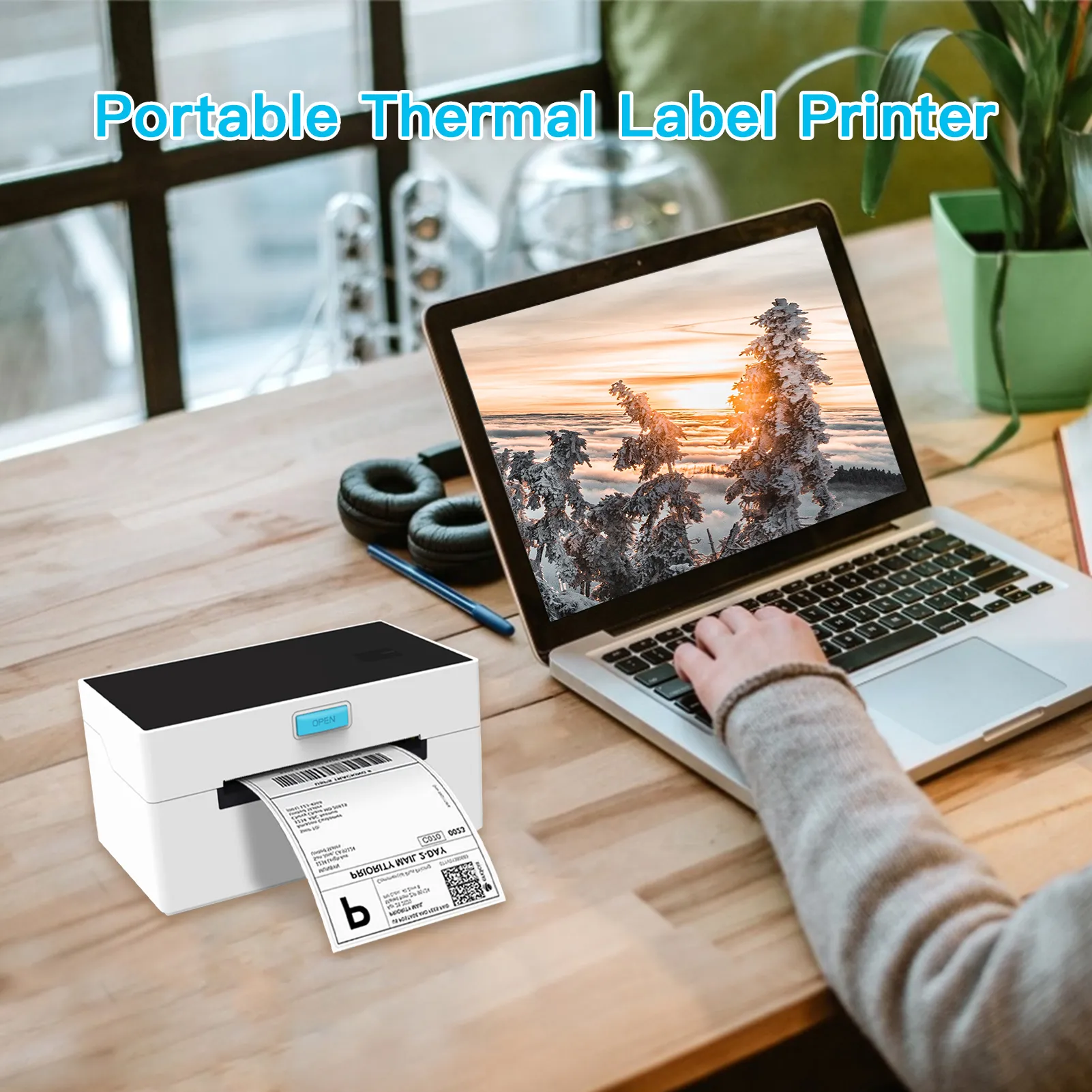 Desktop Thermal Label Printer for 4x6 Shipping Package Label Maker USB BT Connection Thermal Sticker Printer 110mm Paper Width