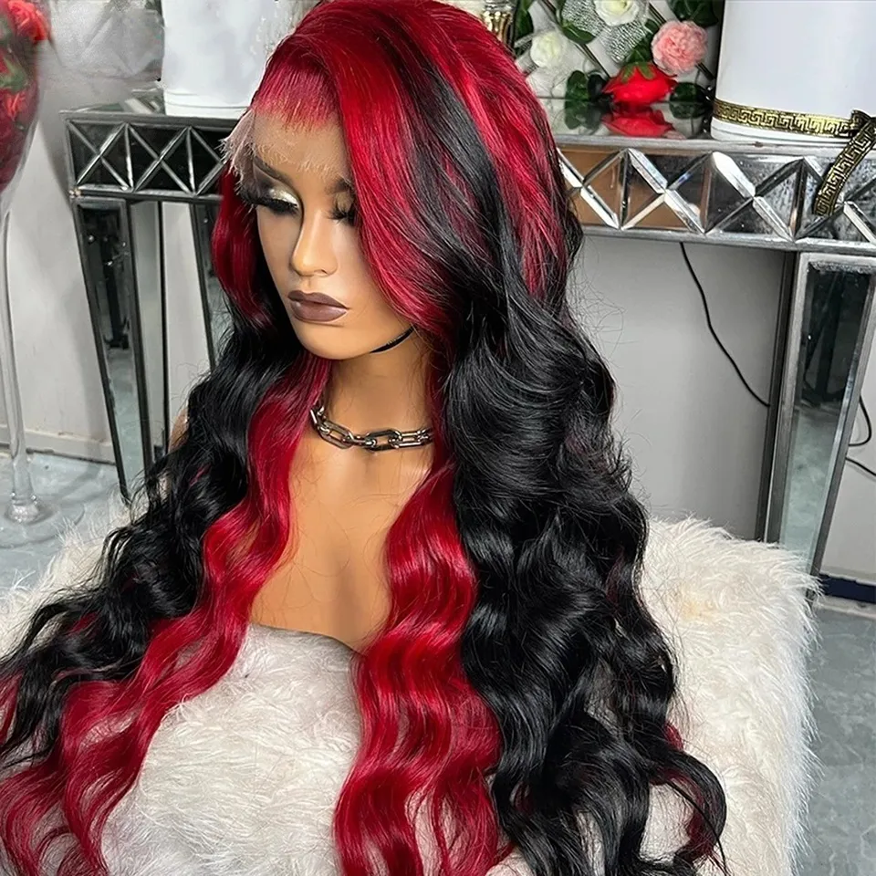34 Inches Perivian HD Lace Front Wig Red Ombre Black Body  display picture 1