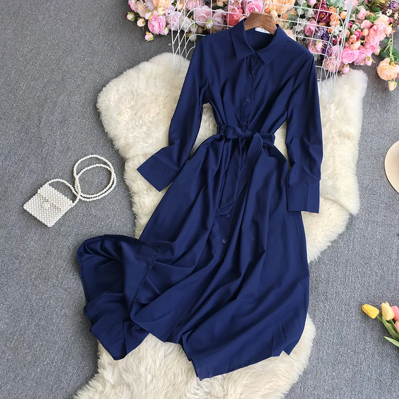 Temperament Solid Color Irregular Shirt Dress Women Autumn Lace Up Waist Slim Vestidos Lapel Single Breasted Dresses 2023