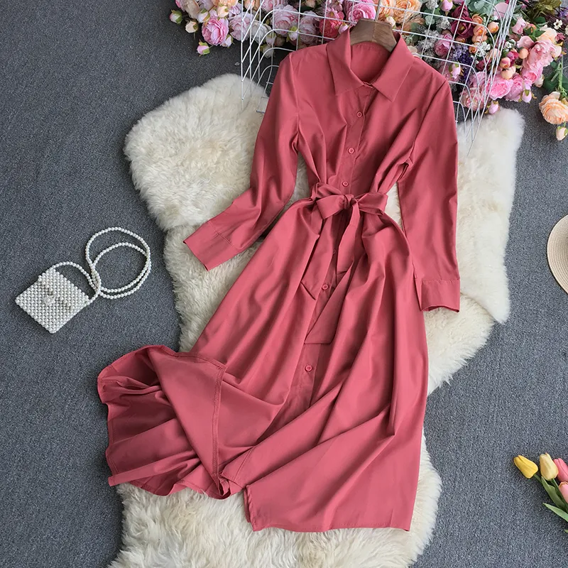 Temperament Solid Color Irregular Shirt Dress Women Autumn Lace Up Waist Slim Vestidos Lapel Single Breasted Dresses 2023
