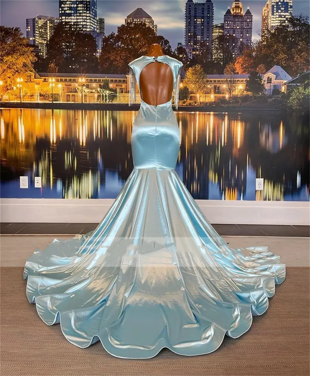 Blue Prom Sky Backless Trumpet Mermaid Dress with Tassels and Silver Beaded  Appliques Formal Satin Dress from Dhgate Prom Dresses - price 238.22