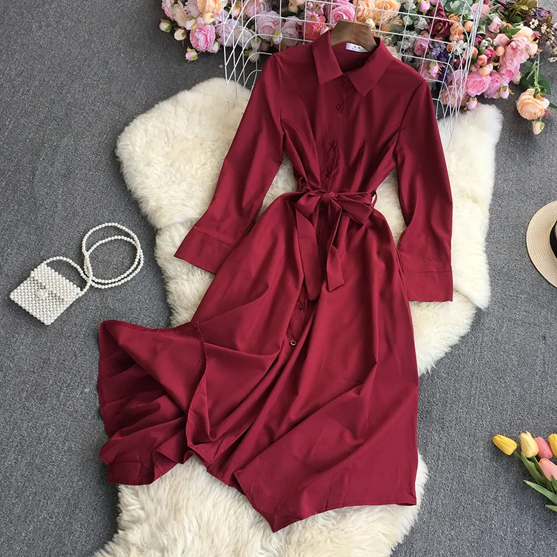 Temperament Solid Color Irregular Shirt Dress Women Autumn Lace Up Waist Slim Vestidos Lapel Single Breasted Dresses 2023