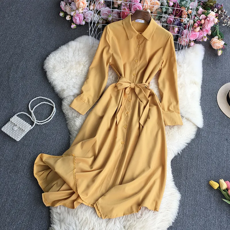 Temperament Solid Color Irregular Shirt Dress Women Autumn Lace Up Waist Slim Vestidos Lapel Single Breasted Dresses 2023