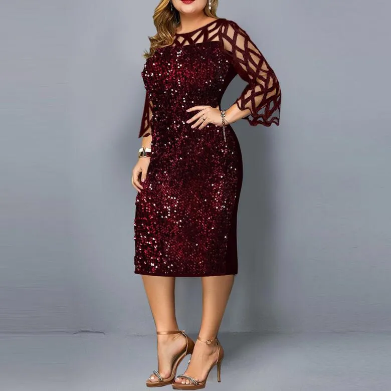 Party Dress Ladies Midi Sequin Mesh Long Sleeve Lace Elegant Bodycon Evening Dresses Woman Summer Plus Size M-5XL