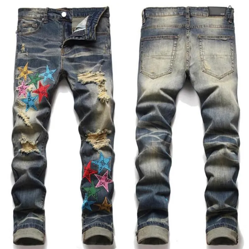 European Trend Jean Letter Star Jean Men Embroidery Patchwork Ripped Jeans Trend Brand Motorcycle Pant Mens Skinny Jeans