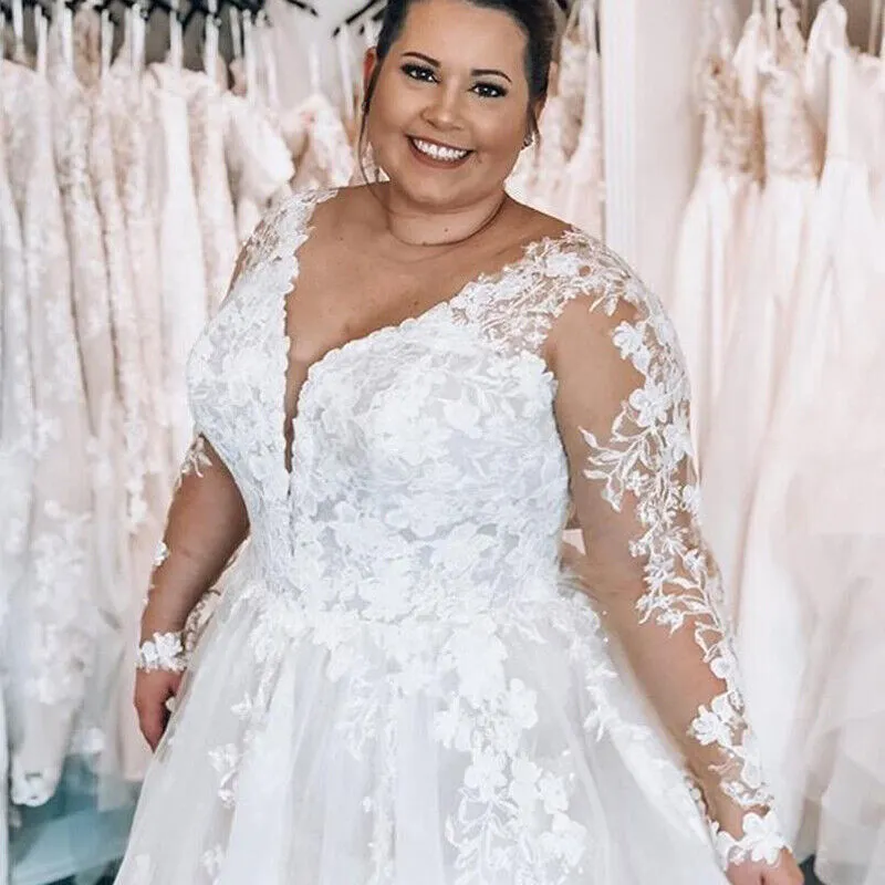 Graceful Lace A Line Wedding Dresses 2023 Beaded High Neck Plus Size Bridal  Gowns Detachable Train Applique Long Sleeves Tulle