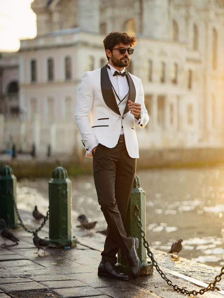 Manswier White Embroidery Satin Tuxedo Suit – 3-Piece Groom Wedding Formal, Shawl Lapel, Slim Fit, XS-5XL