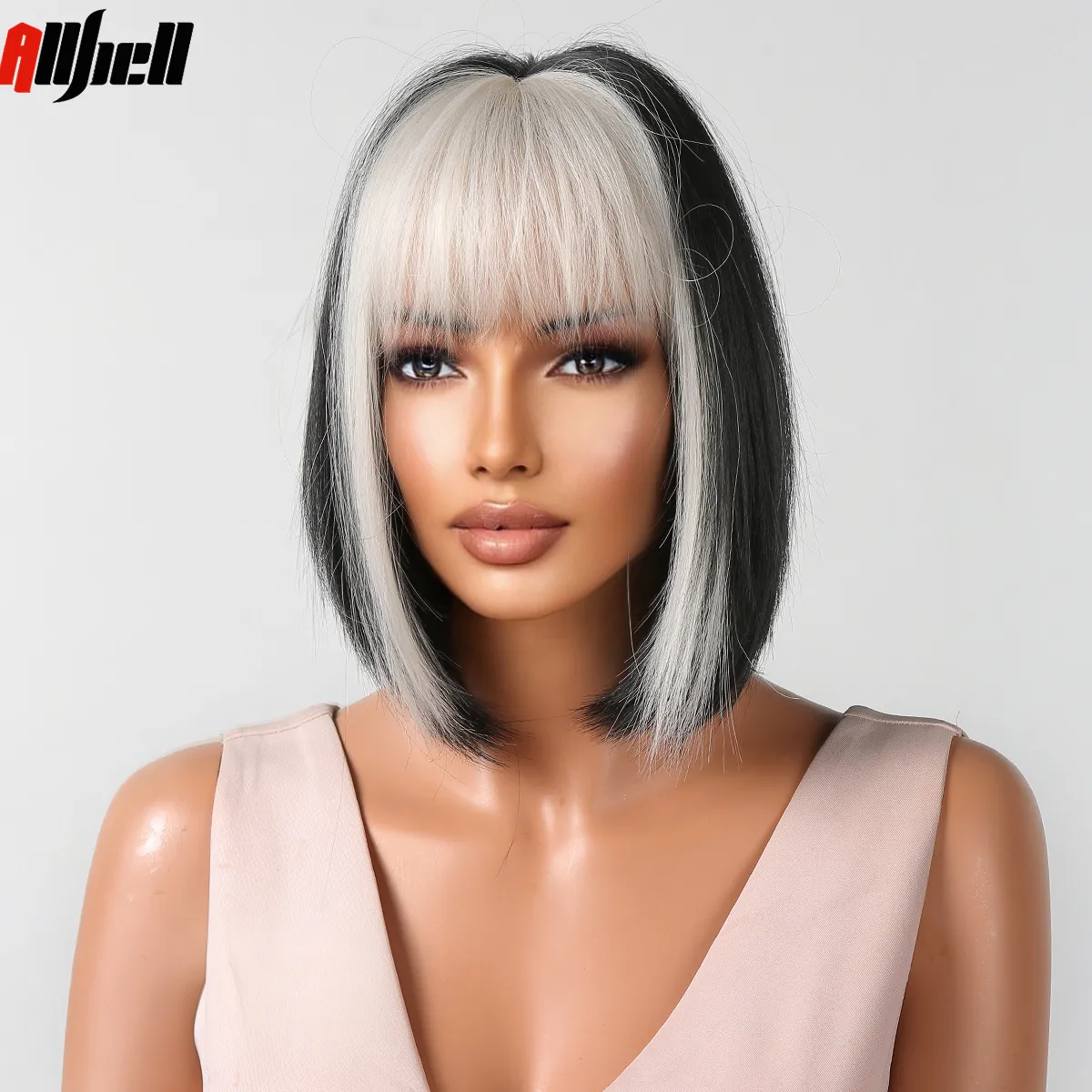 Short Straight Synthetic Black Bob Wigs With Platinum Blonde Bangs