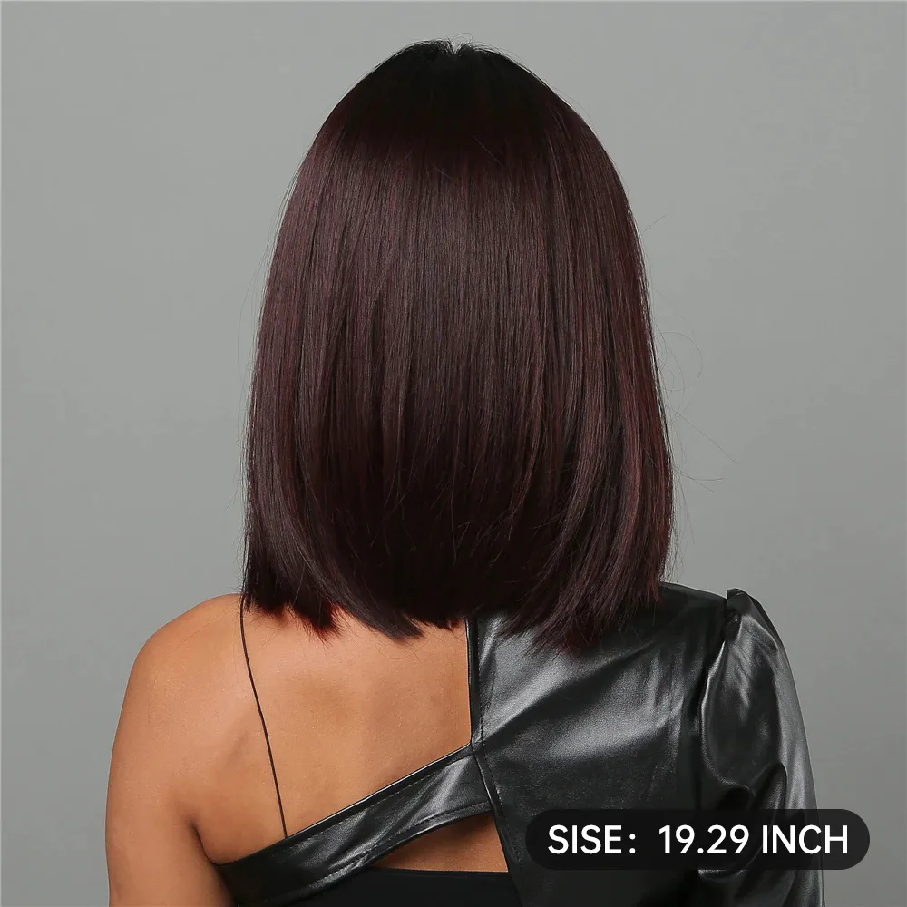 Medium Length Chestnut Brown Synthetic Wigs Middle Part Wine Red