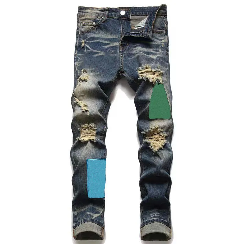 Trendy High Street Mens Jeans Pants Fashion Designer Blue Hole Washed  Casual Fit Straight Leg Pant Youth Rivet Print Patch Black Jean Embroidery  Boys