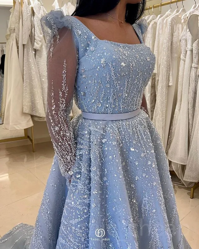 april prom dress Sequined Lace A-line pale blue prom dress for 2023 April - Perfect for Evening Formal Parties, Receptions, Birthdays, and Engagements