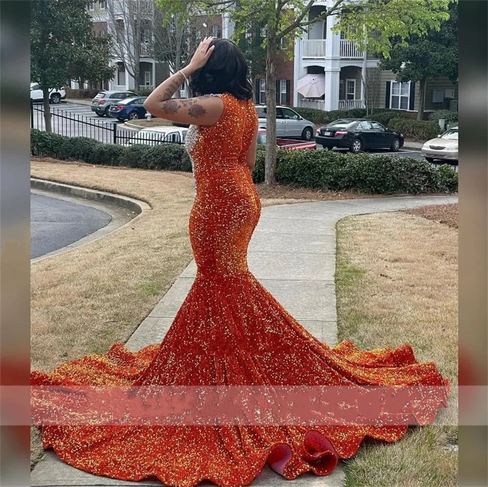 Red O Neck Long Prom Dress For Black Girls 2023 Beaded Crystal Birthday  Party Dresses Ruffles Evening Gowns Mermaid High Slit