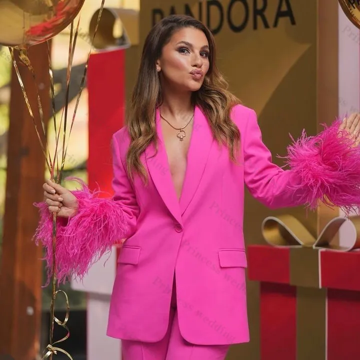 Hot Pink Women Pants Suits Set Feather Long Sleeve Girl Blazer Wide Leg  Plus Size Office Lady Party Prom Dress