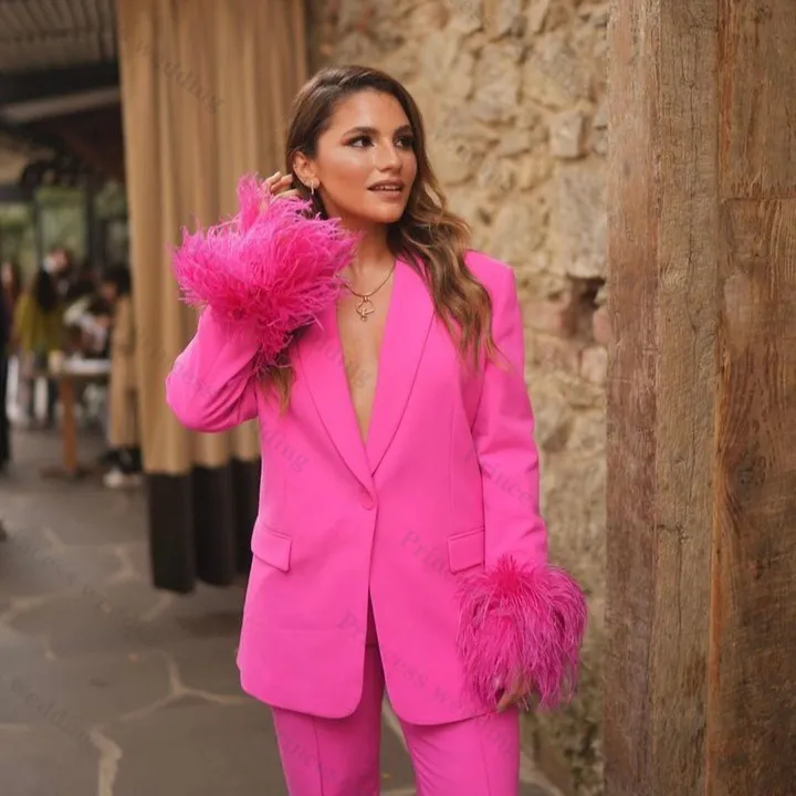 Feather Long Sleeve Pink Pants Suit Set For Women Plus Size Office Lady  Party Feather Prom Dress With Wide Leg Blazer From Greatvip, $100.61