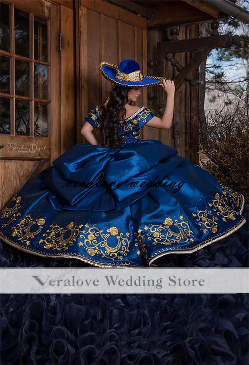 navy blue sweet sixteen dresses Off-Shoulder Navy Blue Embroidered Gown with Ruffle Detail