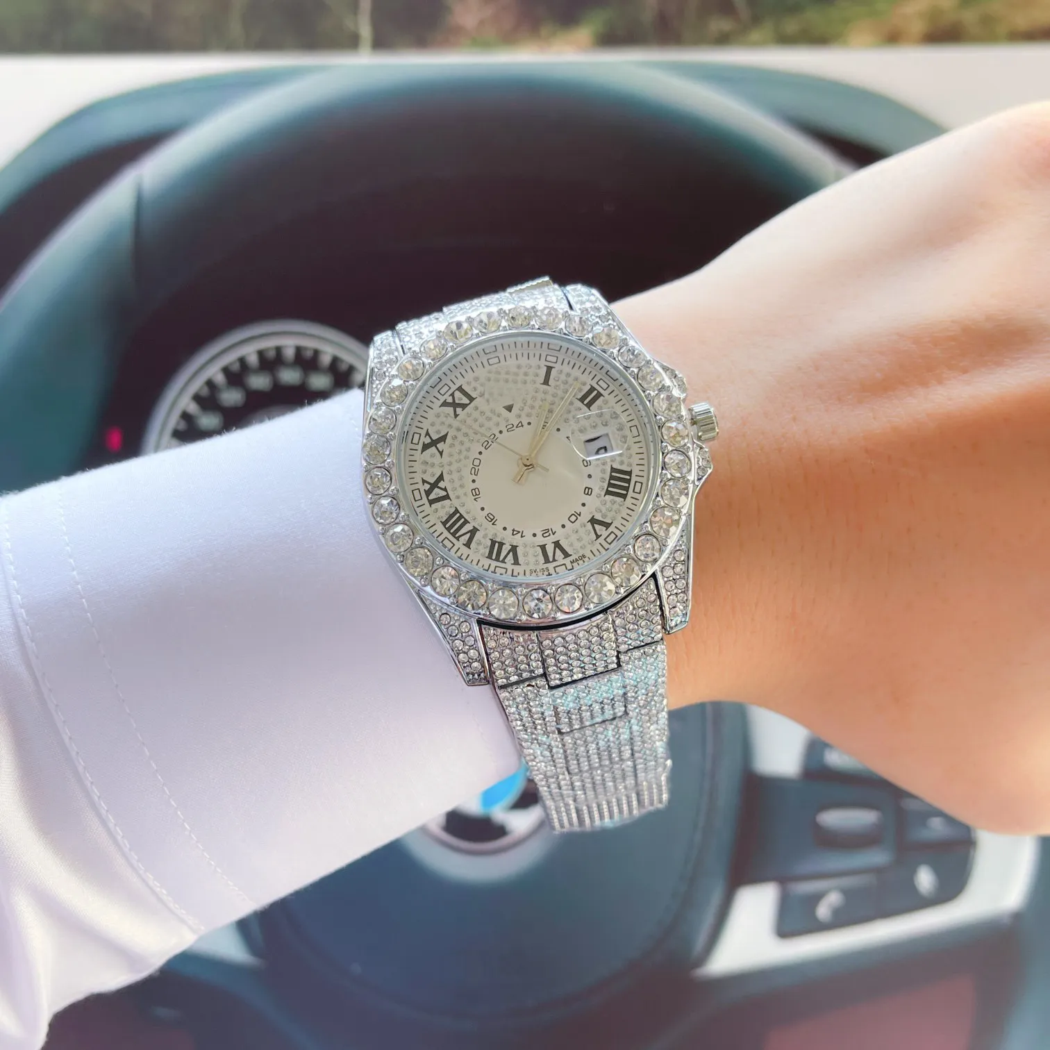 Iced out watch on wrist top