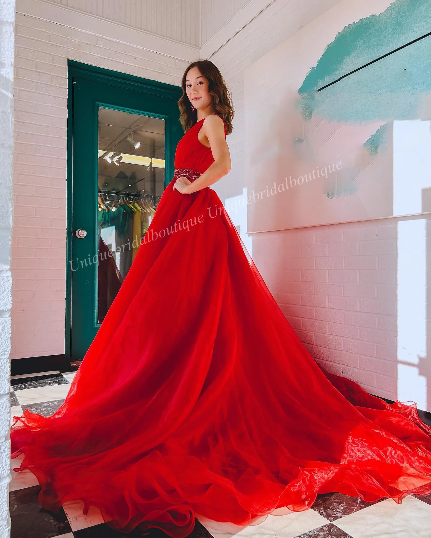 Orange Organza Crystal V Neck Ballgown Deep V Prom Dress With