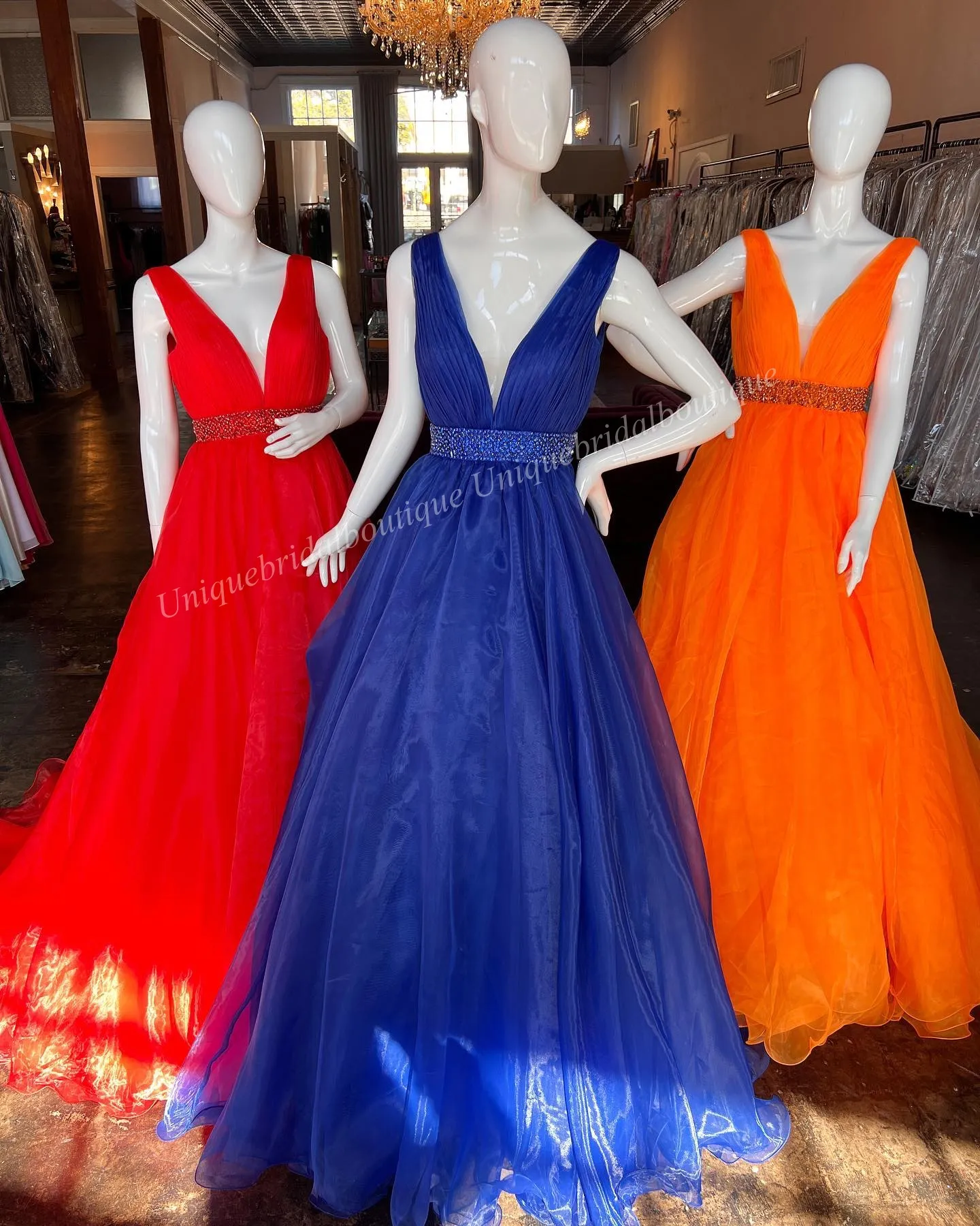 Orange Organza Crystal V Neck Ballgown Deep V Prom Dress With