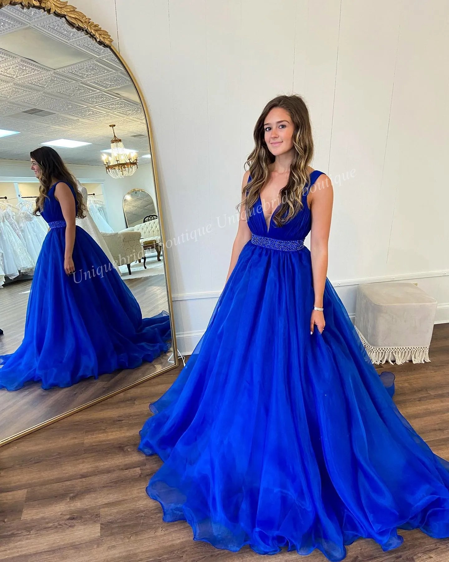 Orange Organza Crystal V Neck Ballgown Deep V Prom Dress With