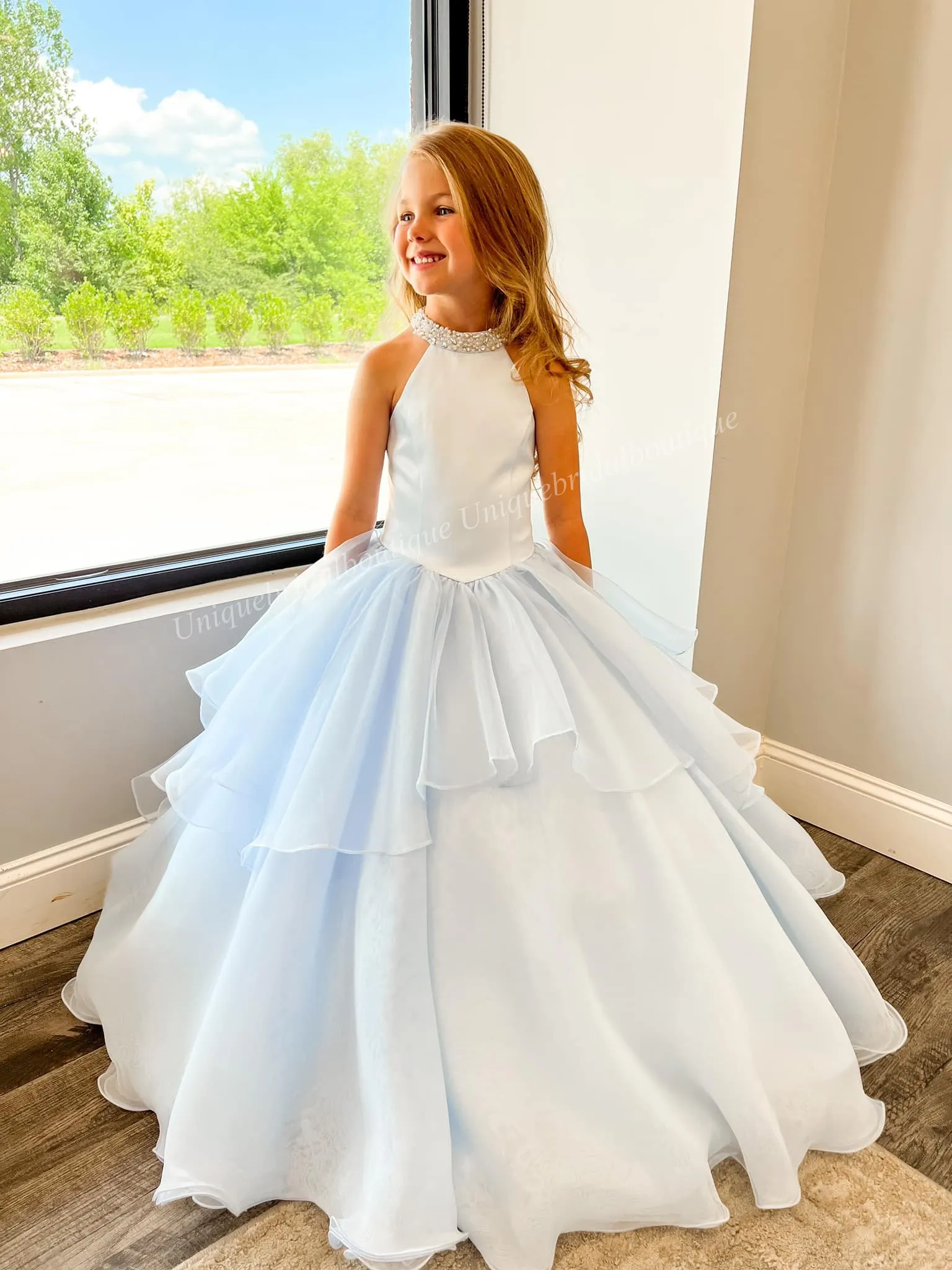 Vestido Longo Para Menina Azul Gelo Claro 2023 Cristais Mi angas
