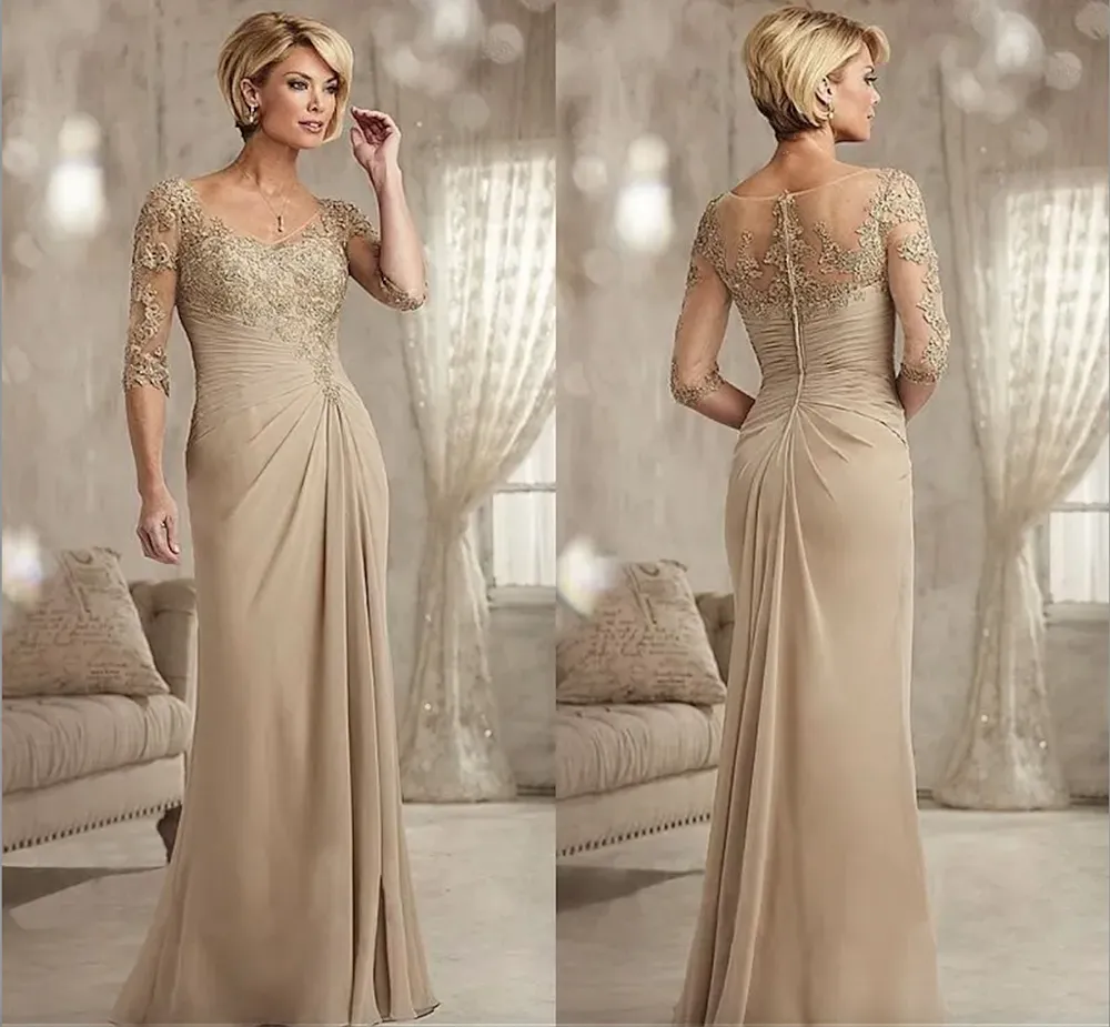 Champagne Madre De La Novia Vestidos De Talla Grande 2023 Gasa Media Manga  Novio Madrina Vestido De Noche Para Boda Nuevo Encaje Con Cuentas De 40,81  €