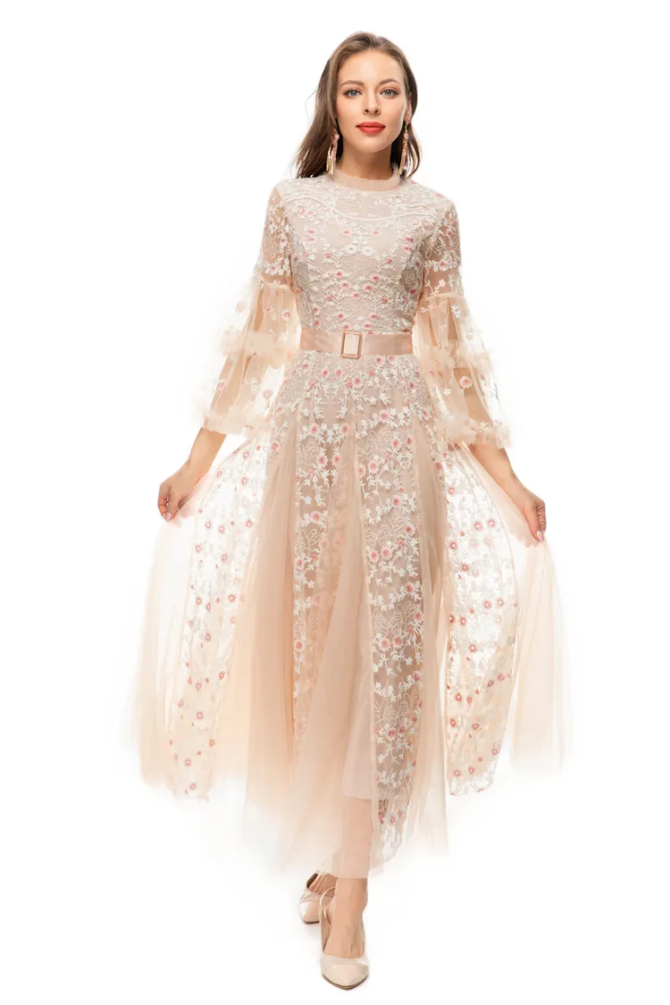 open lace back dress Chic Mermaid Tulle Sequins Deep V-Neck 3/4 Sleeves Floor-Length Prom P main image 0
