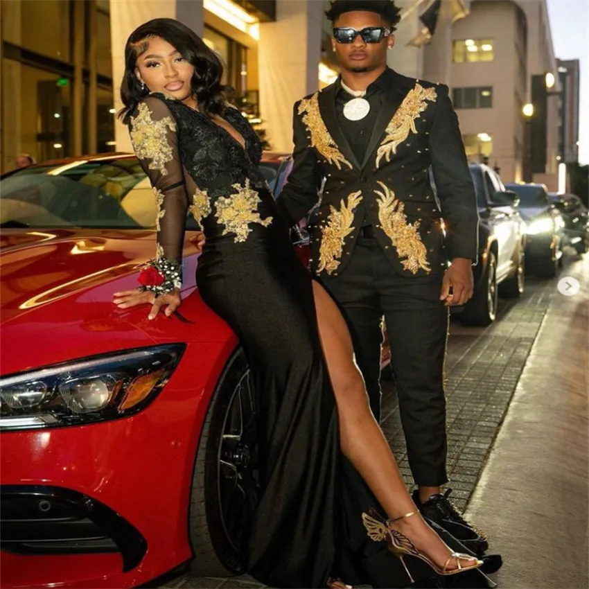 Gold Lace Maxi Black floral prom dress for Black Girls - V-Neck Mermaid Style with Split, Long Sleeves, and Split - Perfect for Evening Events,