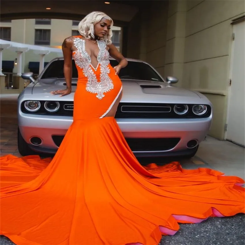 Orange Beaded Mermaid Orange Mermaid prom dresses 2023 with Deep V-Neck and Train - Elegant Black Girls Evening Gown for Formal Parties and Special Orange Beaded Mermaid Orange Mermaid prom dresses 2023 with Deep V-Neck and Train - Elegant Black Girls Evening Gown for Formal Parties and Special
