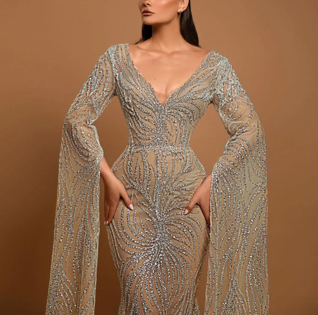 Elegant V Neck Long Sleeve Sequin Lace Champagne... From Dressvip, $222.12  | DHgate.Com