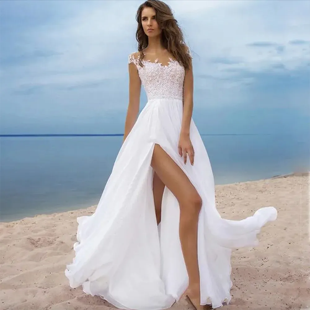 Bohemian Beach Wedding boho Wedding dress 2022 - Sheer Neck, Lace Appliques, Illusion Cap Sleeves, Hollow Back, High Split - A-Line Formal Bridal Gown