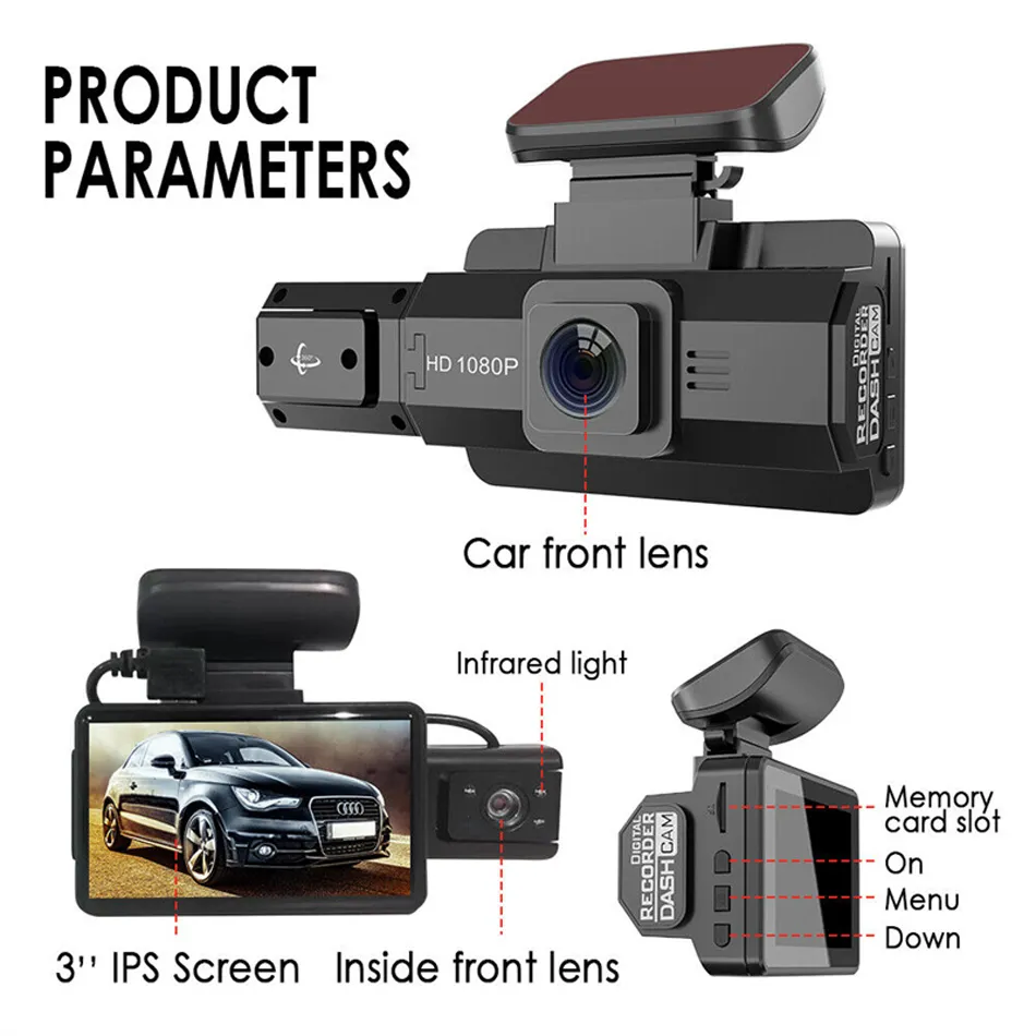  - Grabadora de conducción de automóvil de 4 pulgadas con cámara  de visión trasera 3 en 1 1080P Cámara de tablero de coche DVR Grabación en  bucle G Sensor G Cámara