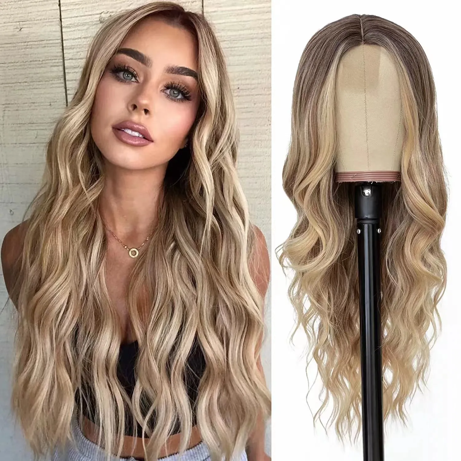 Long Ombre Blonde Wavy Wig for Women 28 Inch Middle Part Curly Wavy Wig Natural Looking Synthetic Heat Resistant Fiber Wig