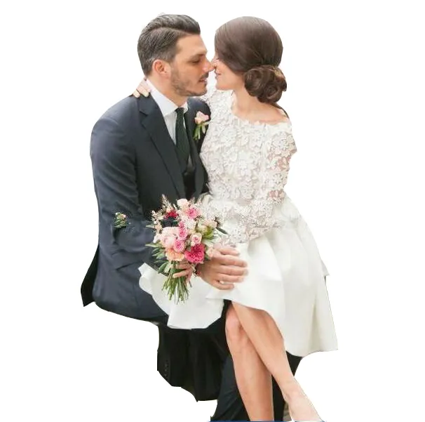 Princess Beach Wedding tea Length Wedding dress - Modest A-Line Style with Long Sleeves, Lace Sheer, and Crew Neck Appliques - Knee Length