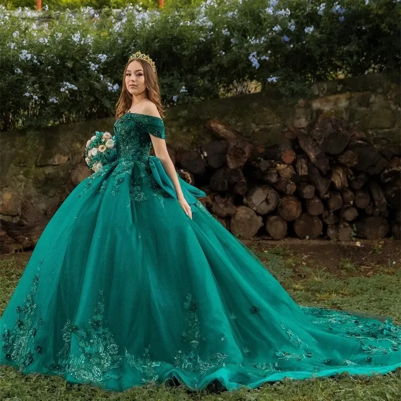 Hunter Green Lace Ball Gown Sweet 16 Quinceanera Dresses Off Shoulder Ruffle Crystal Embroidery Lace Mexican Vestidos De 15 Party Wear