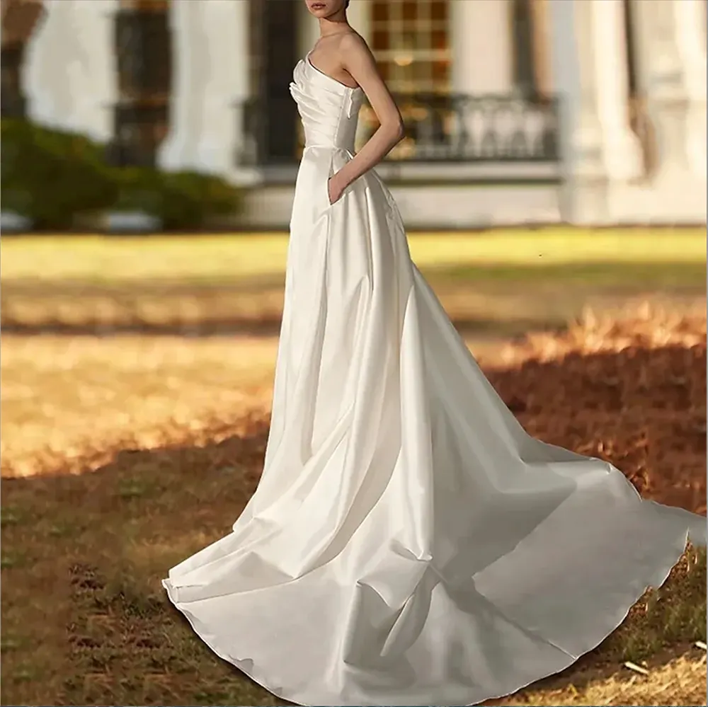 Boho Minimalist Ivory Satin One Shoulder Wedding Dress with One Shoulder, Classic Pleats, and Court Train - Plus Size Maternity Party Reception Robe (