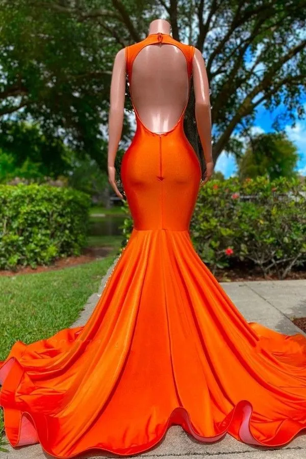 Sexy Orange Mermaid Prom Dresses Long for Women Beaded Crystals Rhinestone Deep V Neck Backless Formal Evening Party Second Reception Birthday Pageant