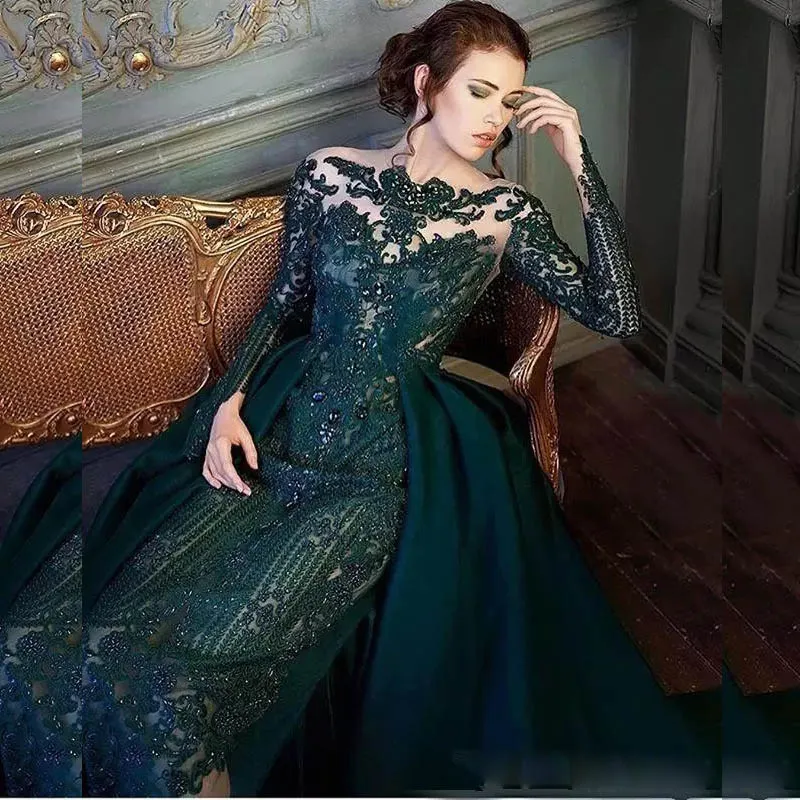 Luxurious Dark Green Beaded Lace Long Green Evening Dress With