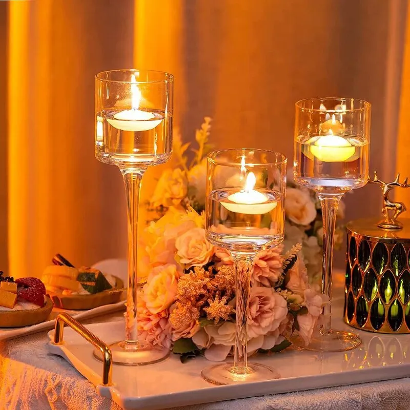 Crystal Tealight Candle Holders Glass Long Stem Floating Candlesticks Table Centerpiece for Wedding Home Decor