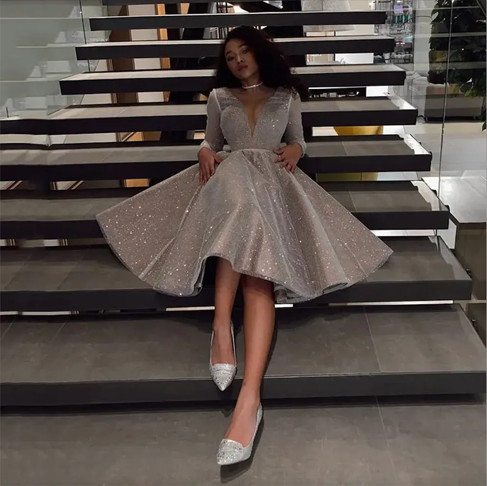 long sleeve formal dresses knee length Long Sleeves Knee Length Short Blue Lace Prom Dresses, Knee Length Lon jbydress