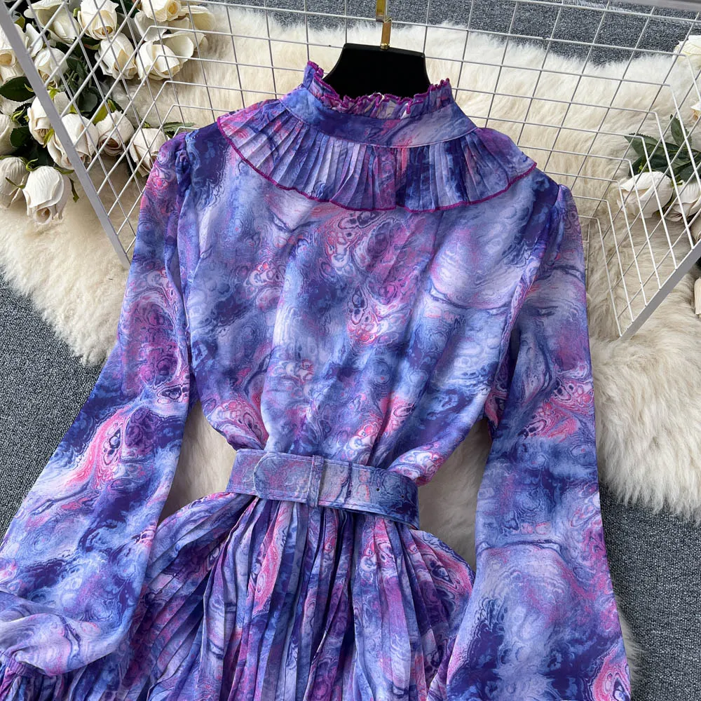 Casual Dresses 2023 French Tie-dye Print Long-sleeve Pleated Dress Women Thin Chiffon New Fashion Party Clothing Vestidos Elegantes Para Mujer