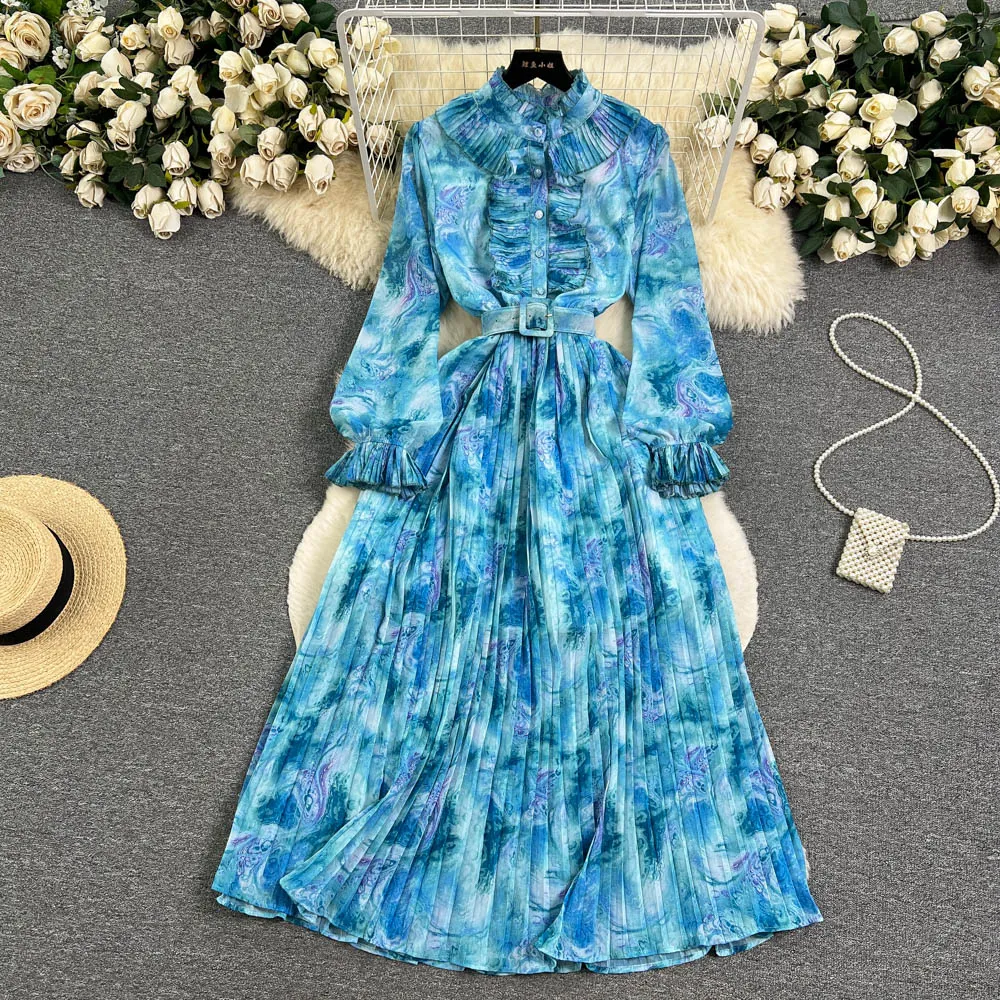 Casual Dresses 2023 French Tie-dye Print Long-sleeve Pleated Dress Women Thin Chiffon New Fashion Party Clothing Vestidos Elegantes Para Mujer